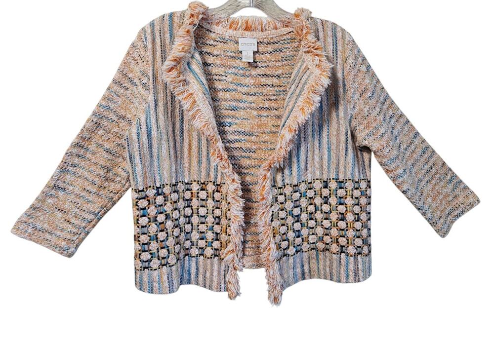 CHICO'S 1 Women's 8 10 Bonnie Cardigan Sweater Fringle Textured Tweed Open 40"